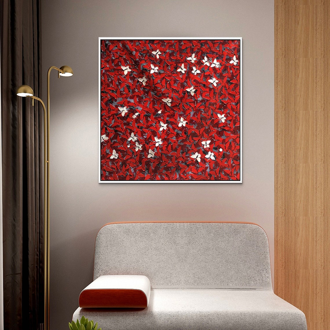 Red White Butterfly Swarm Abstract Impasto Texture Square Poster - Image 4