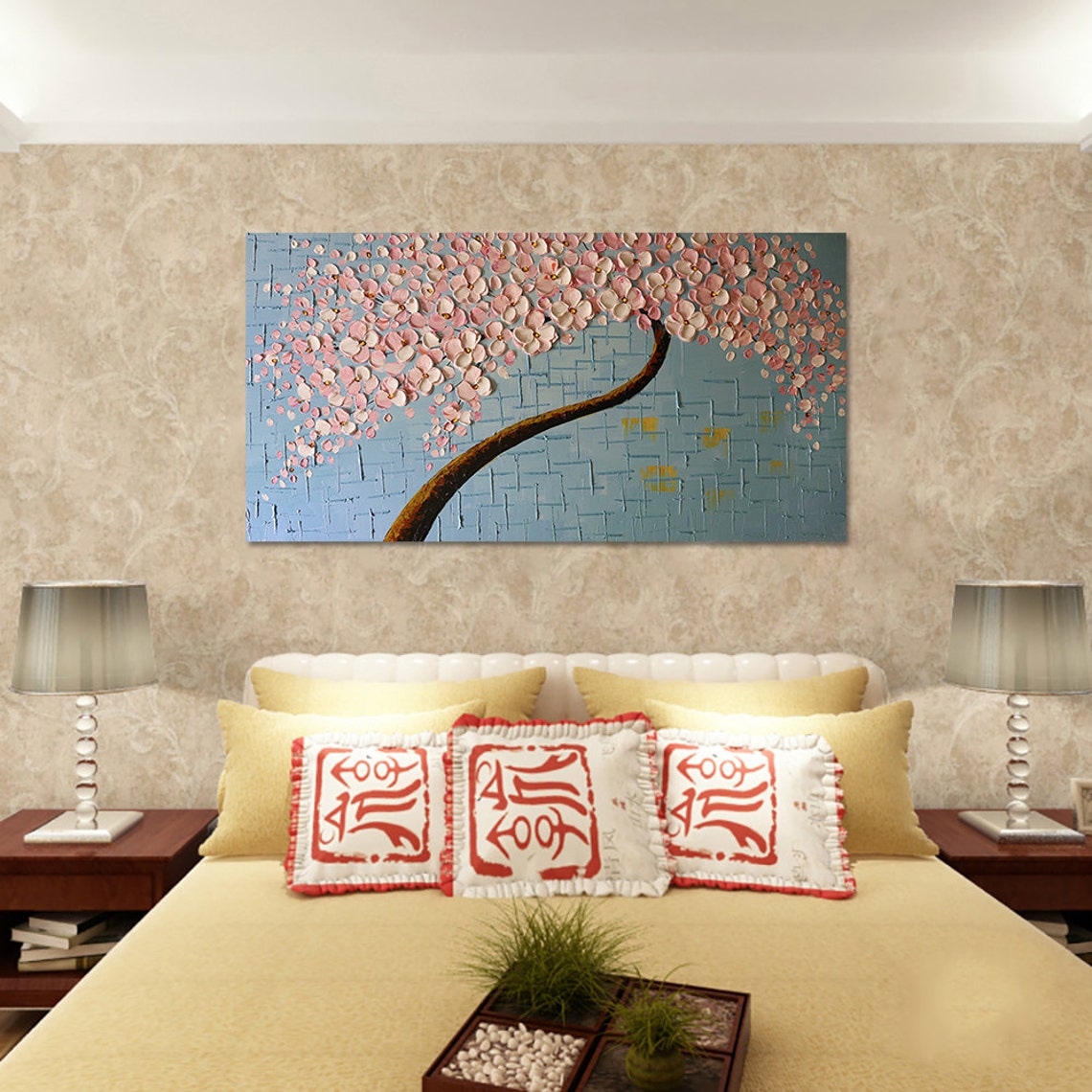 Soft Pink Cherry Blossom Branch On Pale Blue Oil Paint Poster - Image 4