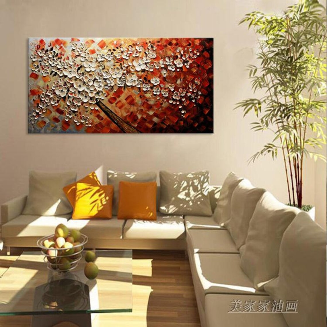 White Cherry Blossom Tree On Fiery Red Textured Oil Paint Poster - Image 2