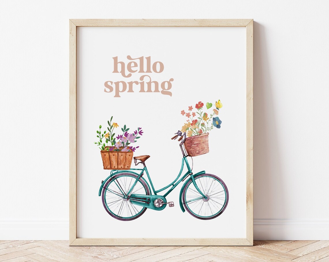 Hello Spring Bike with Flowers Farmhouse Art Print