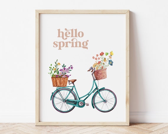 Hello Spring Bike with Flowers Farmhouse Art Print