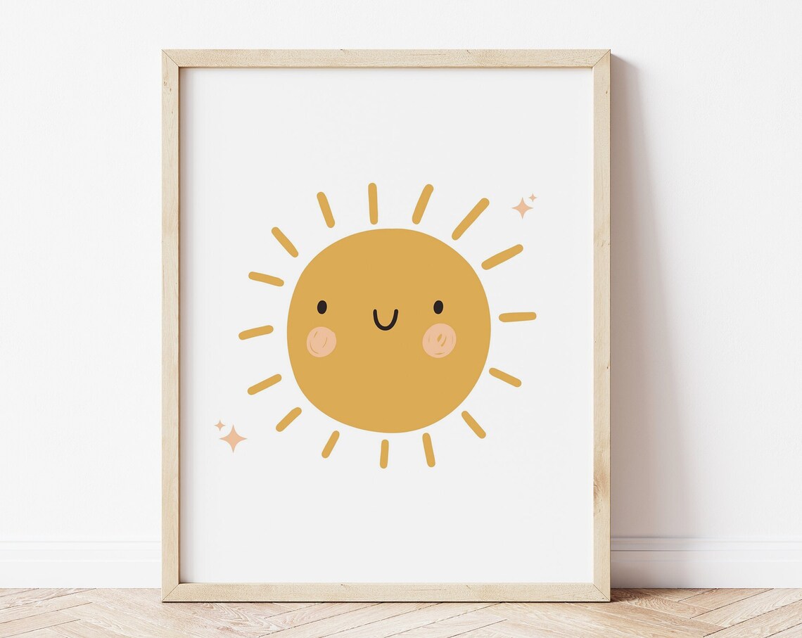 Boho Smiley Sun Cute Nursery Wall Art Mustard Yellow Kids Room Print