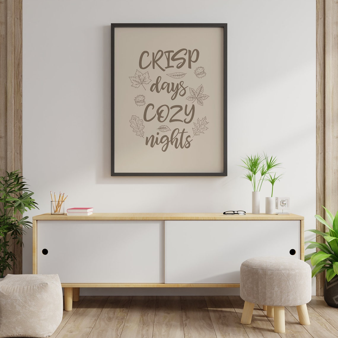 Crisp Days Cozy Nights Neutral Beige Fall Leaf Script Wall Print - Image 2