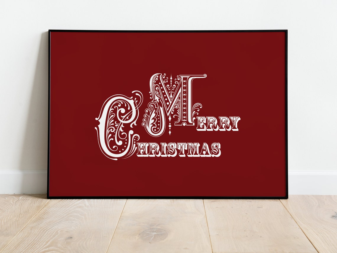Merry Christmas Ornate Vintage Lettering Deep Red Wall Art Print - Image 3