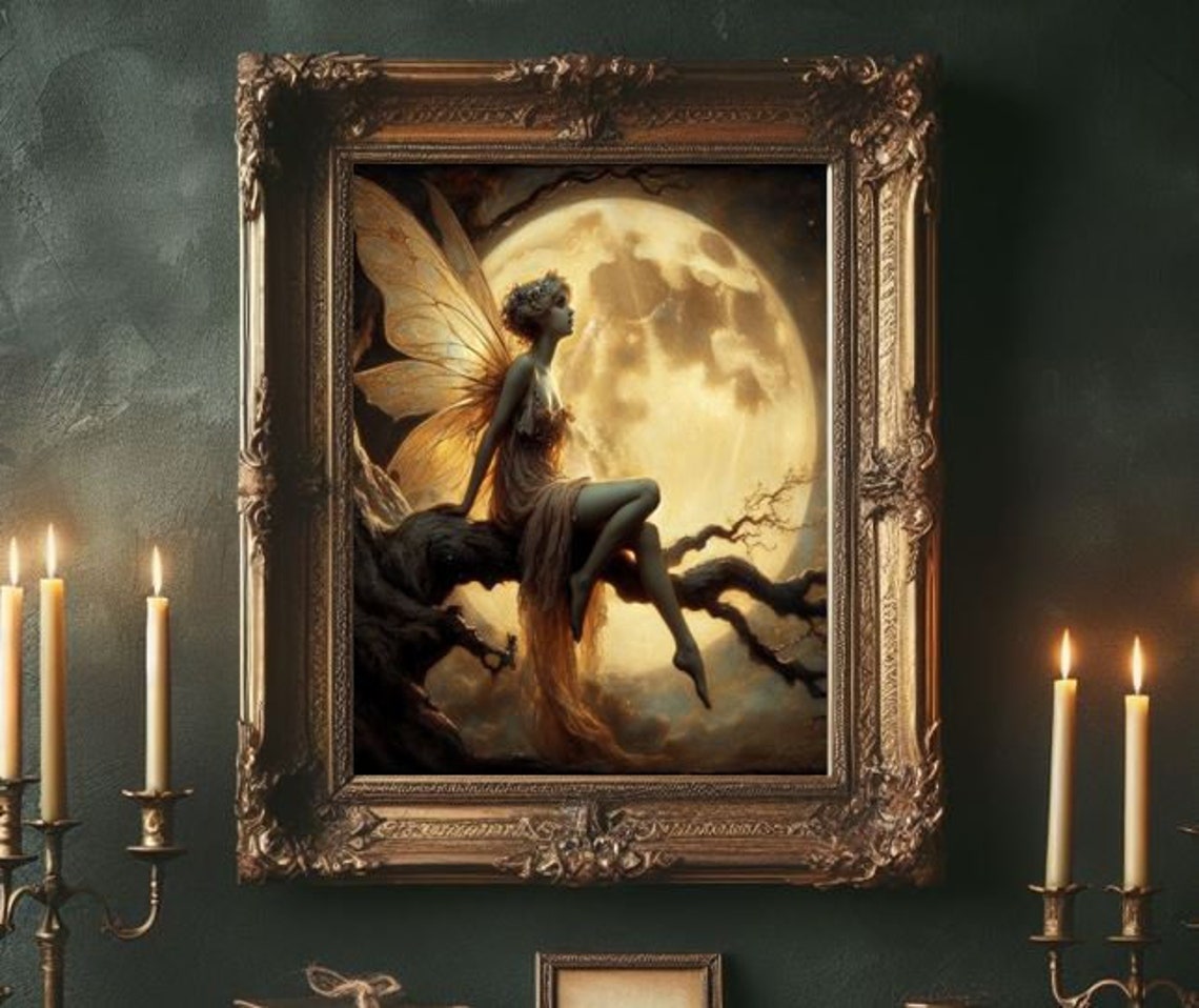Moonlit Fairy on Tree Branch Full Moon Fantasy Oil Painting Poster