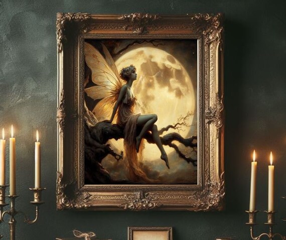 Moonlit Fairy on Tree Branch Full Moon Fantasy Oil Painting Poster