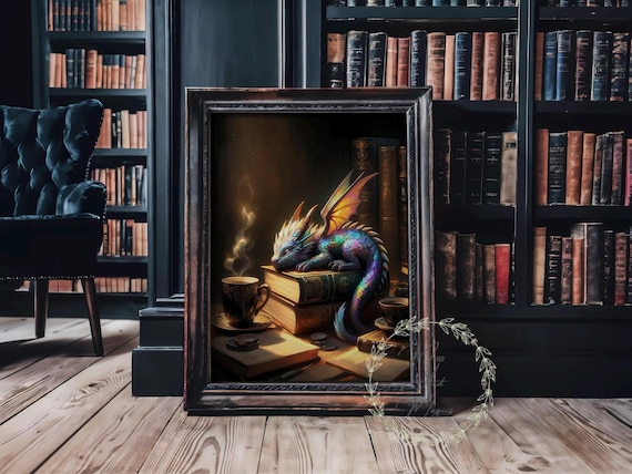 Iridescent Magical Library Dragon Coffee Books Vintage Medieval Dark Academia Painting Fantasy Wall Art Portrait Poster Matte Print