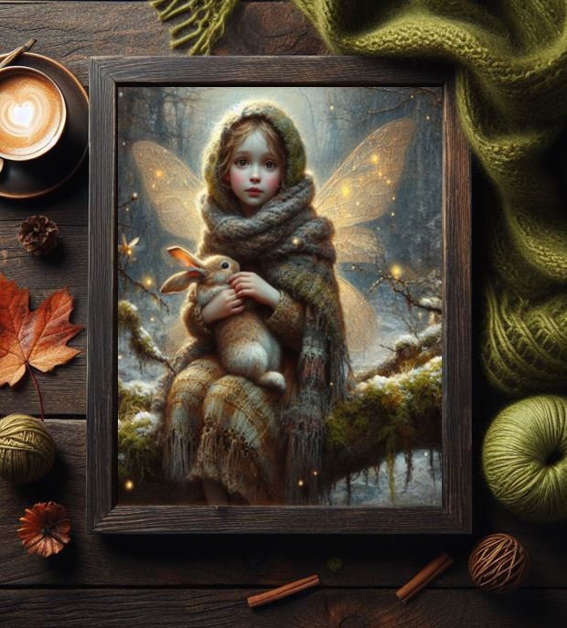 Forest Fairy Child Holding a Rabbit Whimsical Winter Art Poster