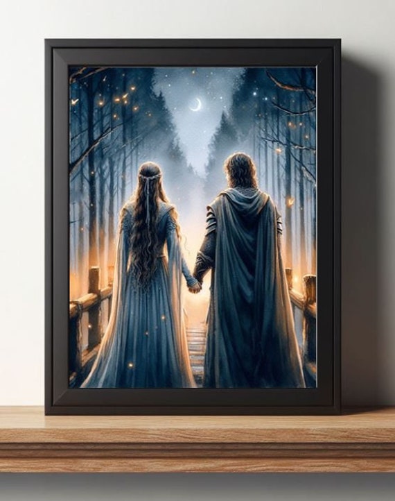 Aragorn Arwen Holding Hands On Bridge Moon Lord Of The Rings Forest Fireflies Watercolor Painting Wall Art Print Portrait