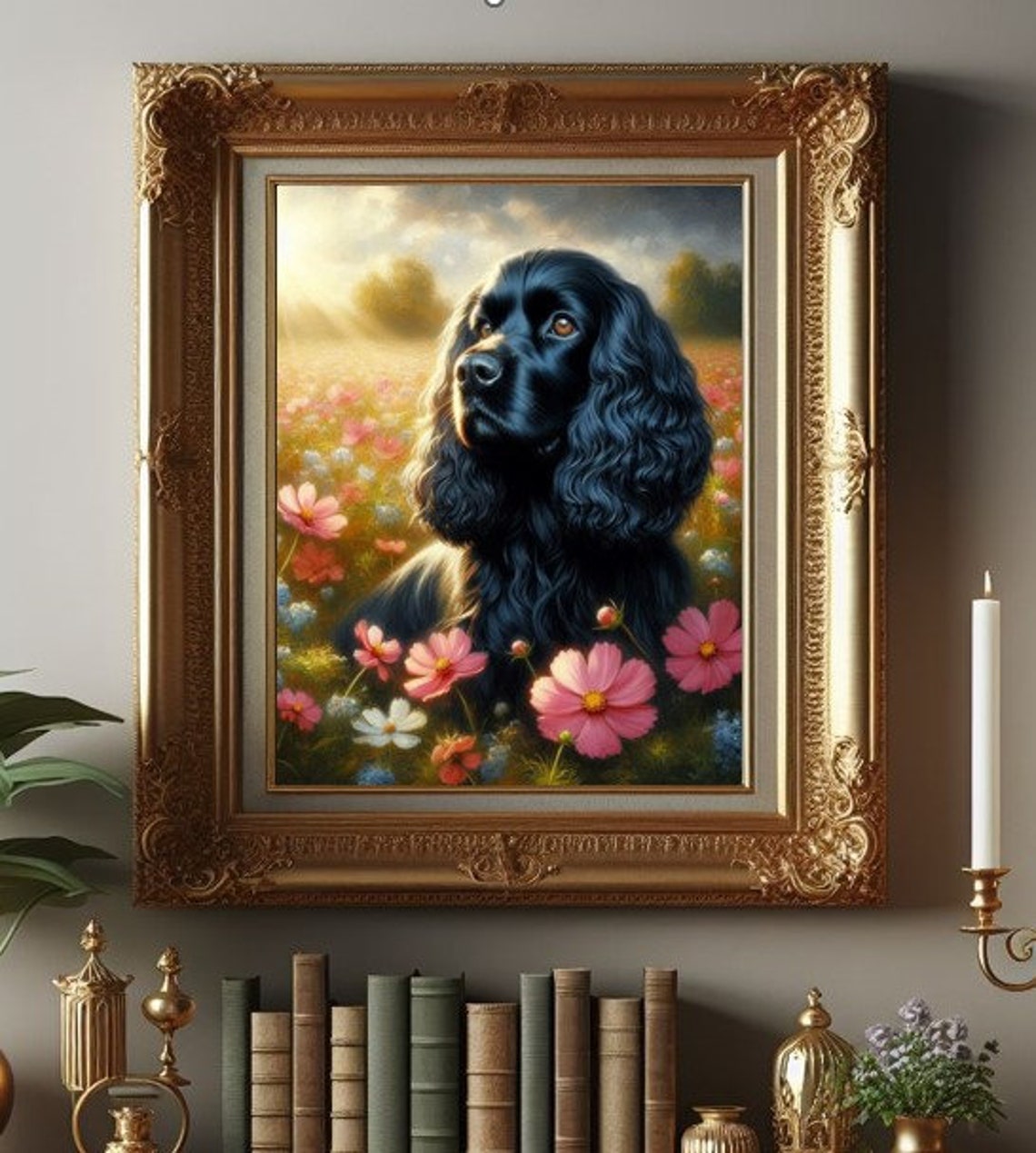 English Cocker Spaniel Black Puppy Dog In A Field Of Flowers Physical Painting Art Print Photo Poster Wall Picture