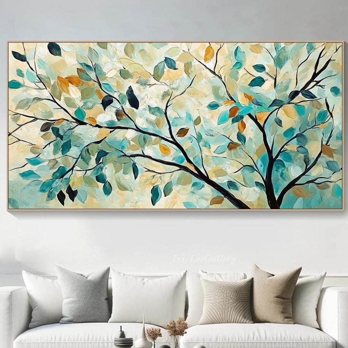 Teal Cream Leaves Tree Branches Textured Botanical Nature Art Poster