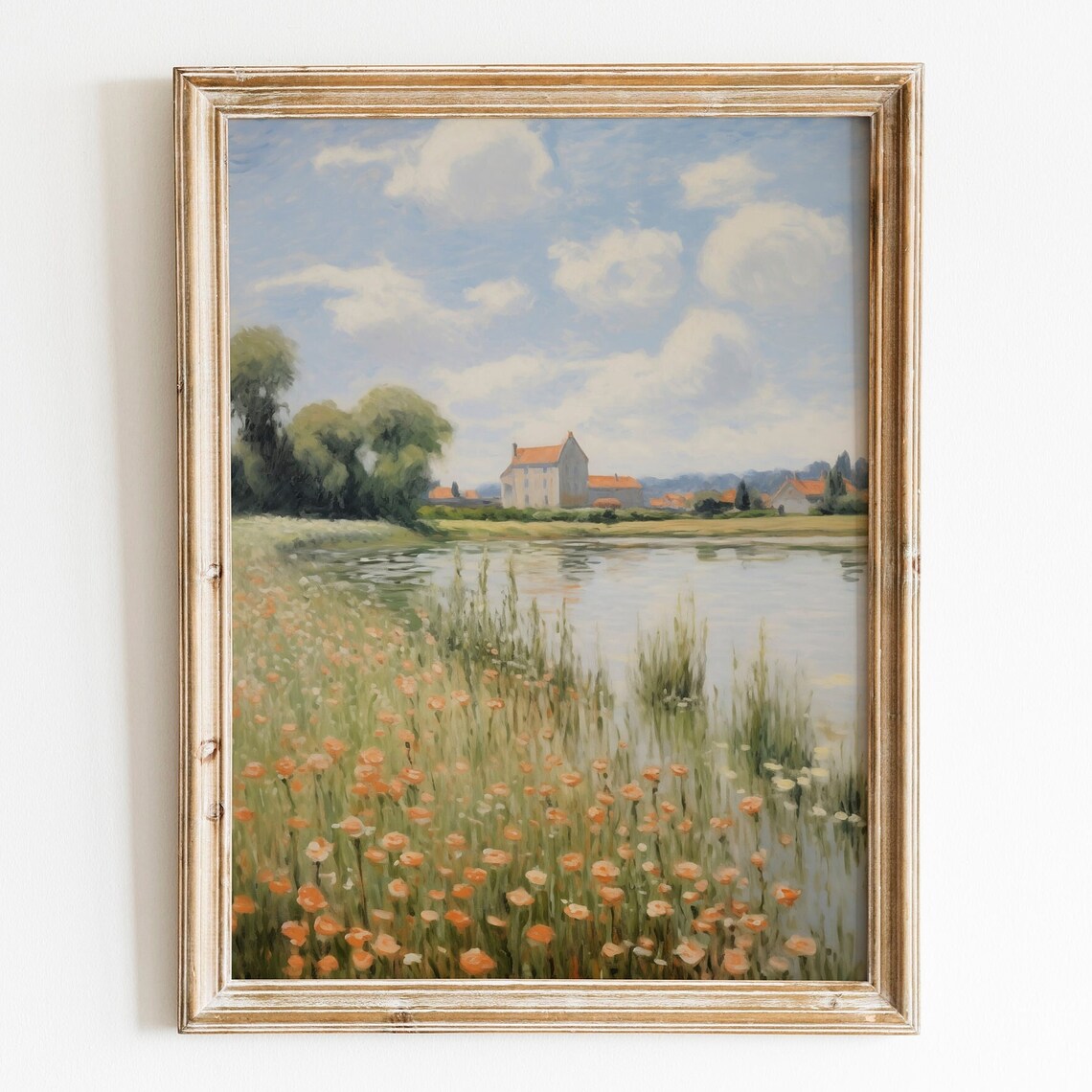Riverside Village With Poppy Field Impressionist Countryside Wall Art