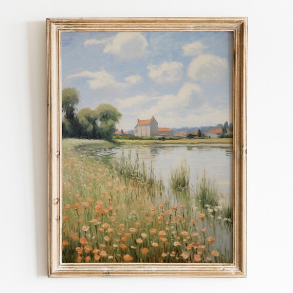 Riverside Village With Poppy Field Impressionist Countryside Wall Art