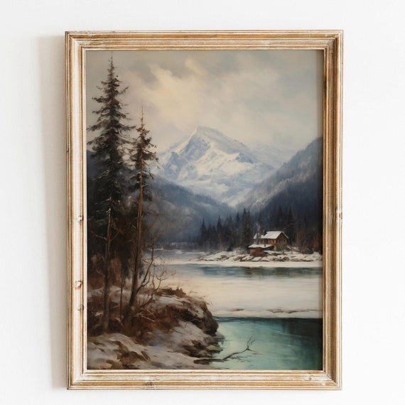 Vintage Neutral Winter Landscape Painting Forest Decor Vintage Christmas Wall Art Christmas Decor Moody Wall Art Mountain Wall Art Seasonal