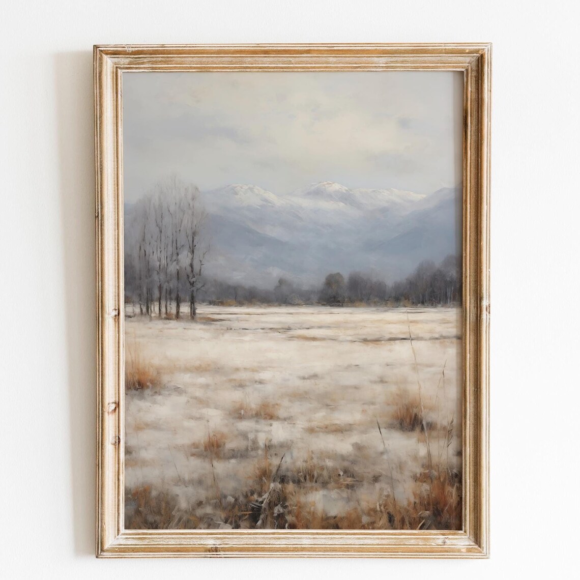 Snowy Winter Meadow Mountain Landscape Soft Neutral Wall Art