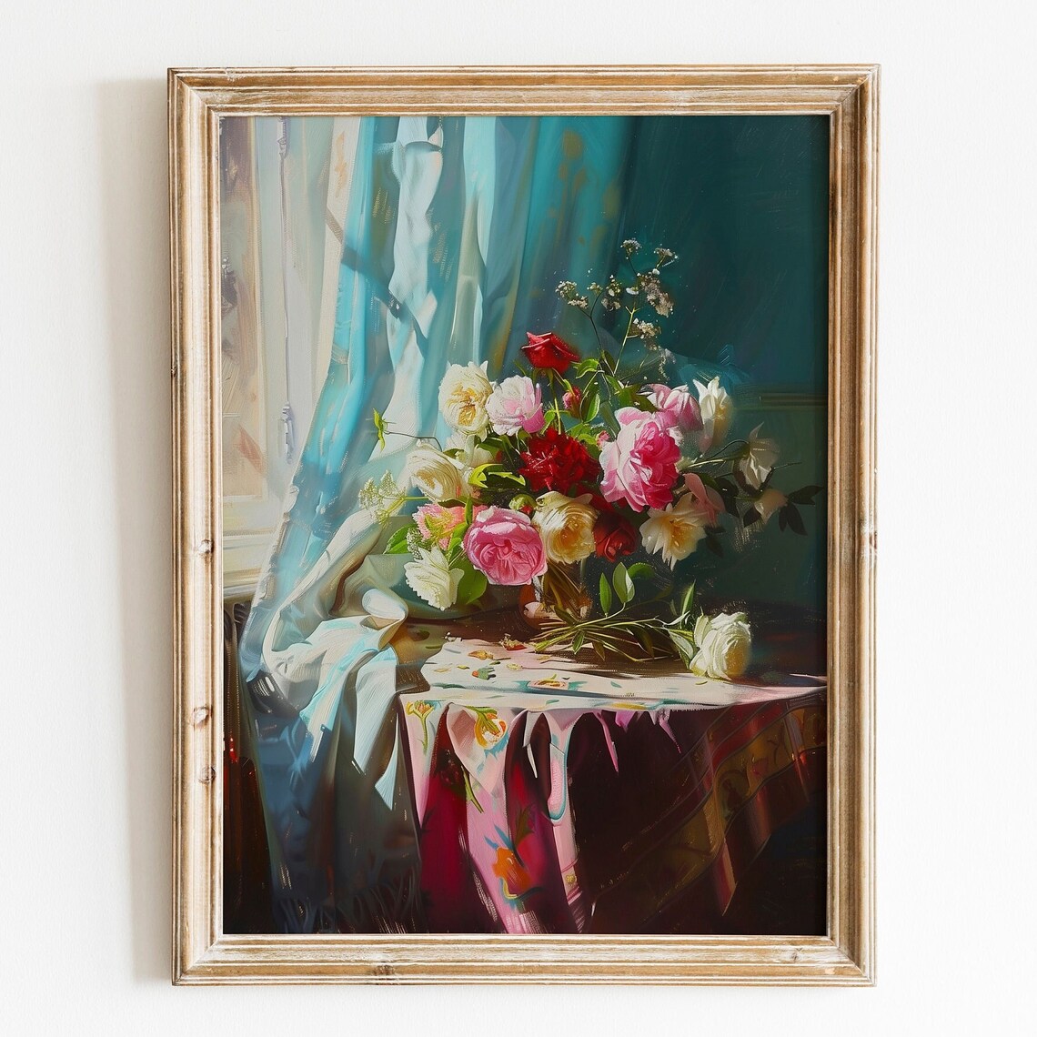 Lush Roses by Sunlit Window Classic Still Life Oil Painting Poster