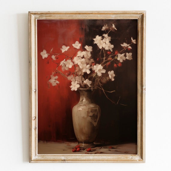 White And Red Dark Flower Bouquet Print Farmhouse Wall Art Vintage Moody Floral Oil Painting Romantic Botanical