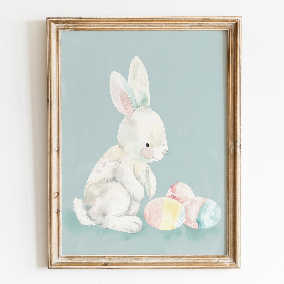 White Bunny Watercolor Pastel Easter Eggs Nursery Decor Wall Art