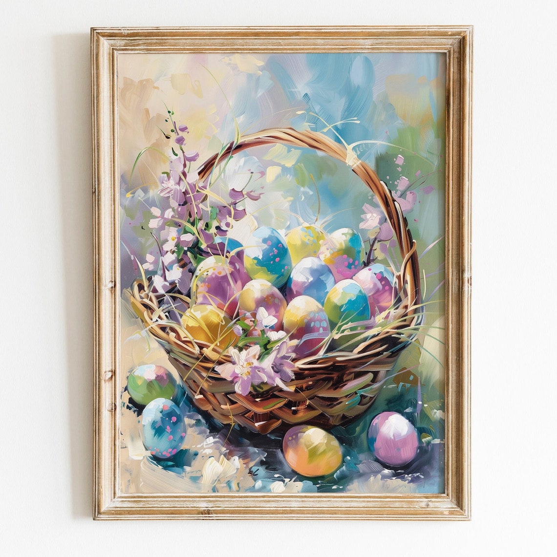 Pastel Easter Egg Basket with Spring Blossoms Colorful Oil Print