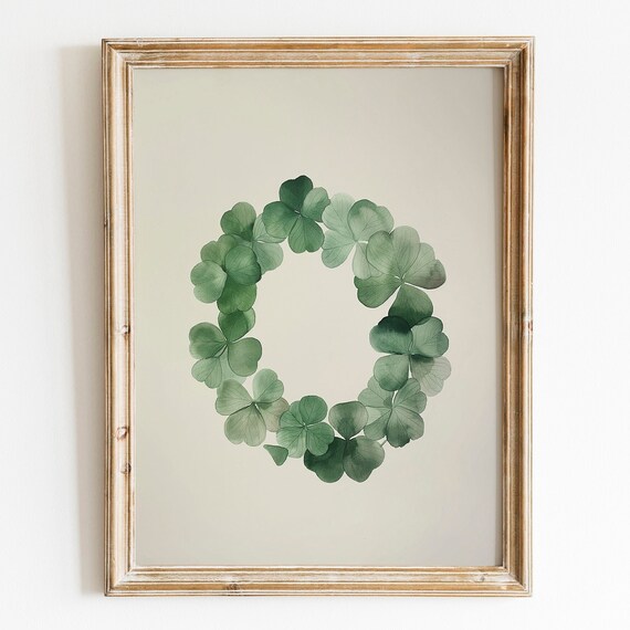 Watercolor Shamrock Wreath Saint Patricks Day Green Clover Print