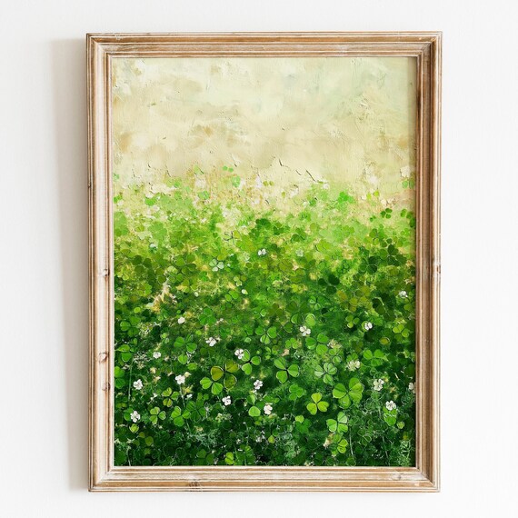 Green Shamrock Clover Field with White Flowers Saint Patrick's Art Poster