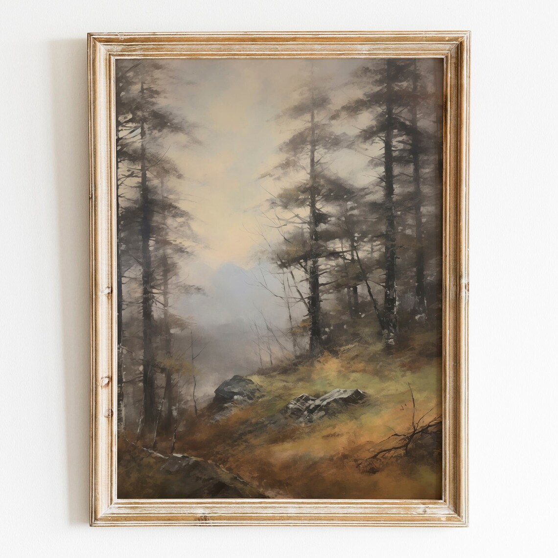 Misty Pine Forest Autumn Foggy Woodland Vintage Landscape Wall Art