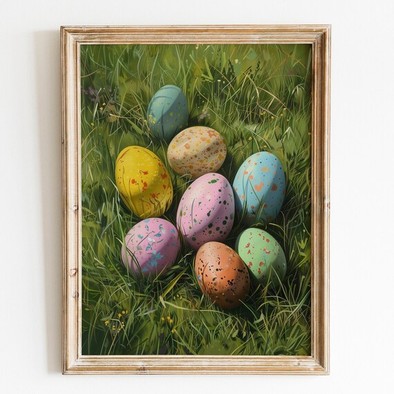 Colorful Painted Easter Eggs in Green Grass Spring Meadow Print