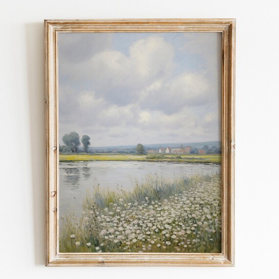 River Meadow With White Wildflowers Under Cloudy Sky Neutral Landscape Poster