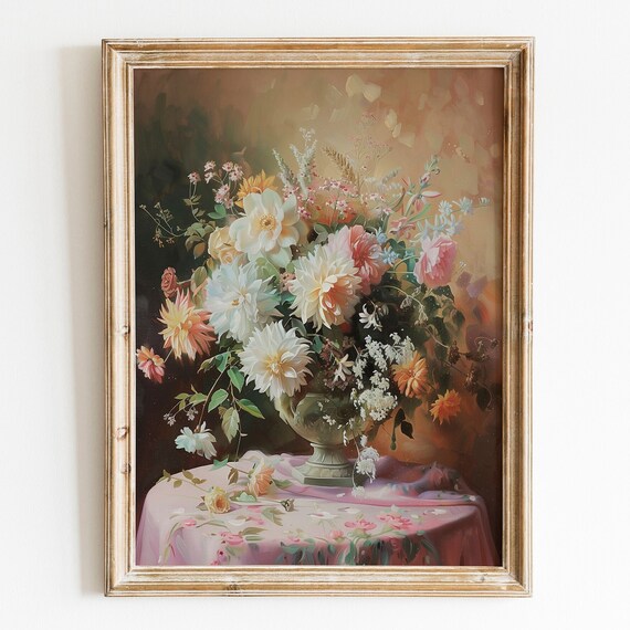 Elegant White Dahlia Bouquet Classic Floral Still Life Oil Poster