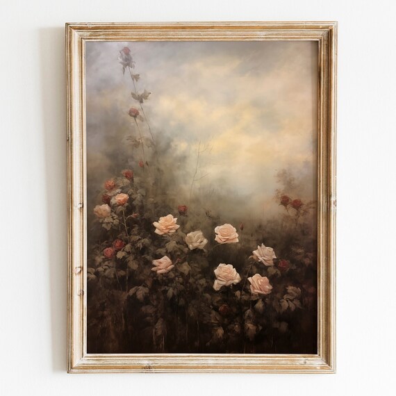Moody Vintage Roses Cream and Red Dark Floral Oil Painting Style Poster