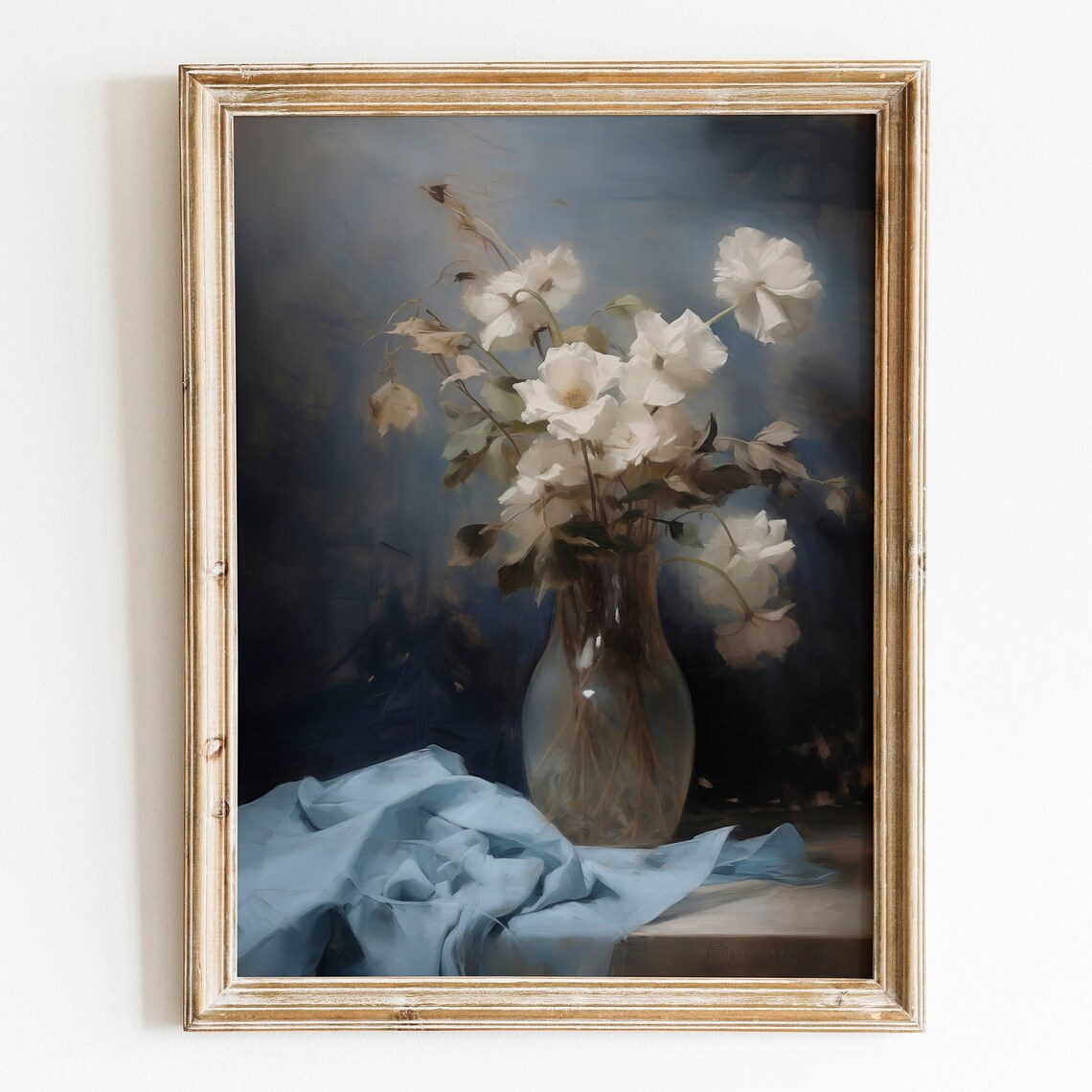 White Wildflowers in Glass Vase with Blue Cloth Dark Moody Art Poster