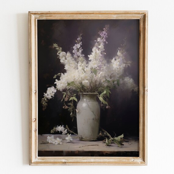 White Delphinium Flowers in Ceramic Vase Dark Moody Floral Still Life Poster
