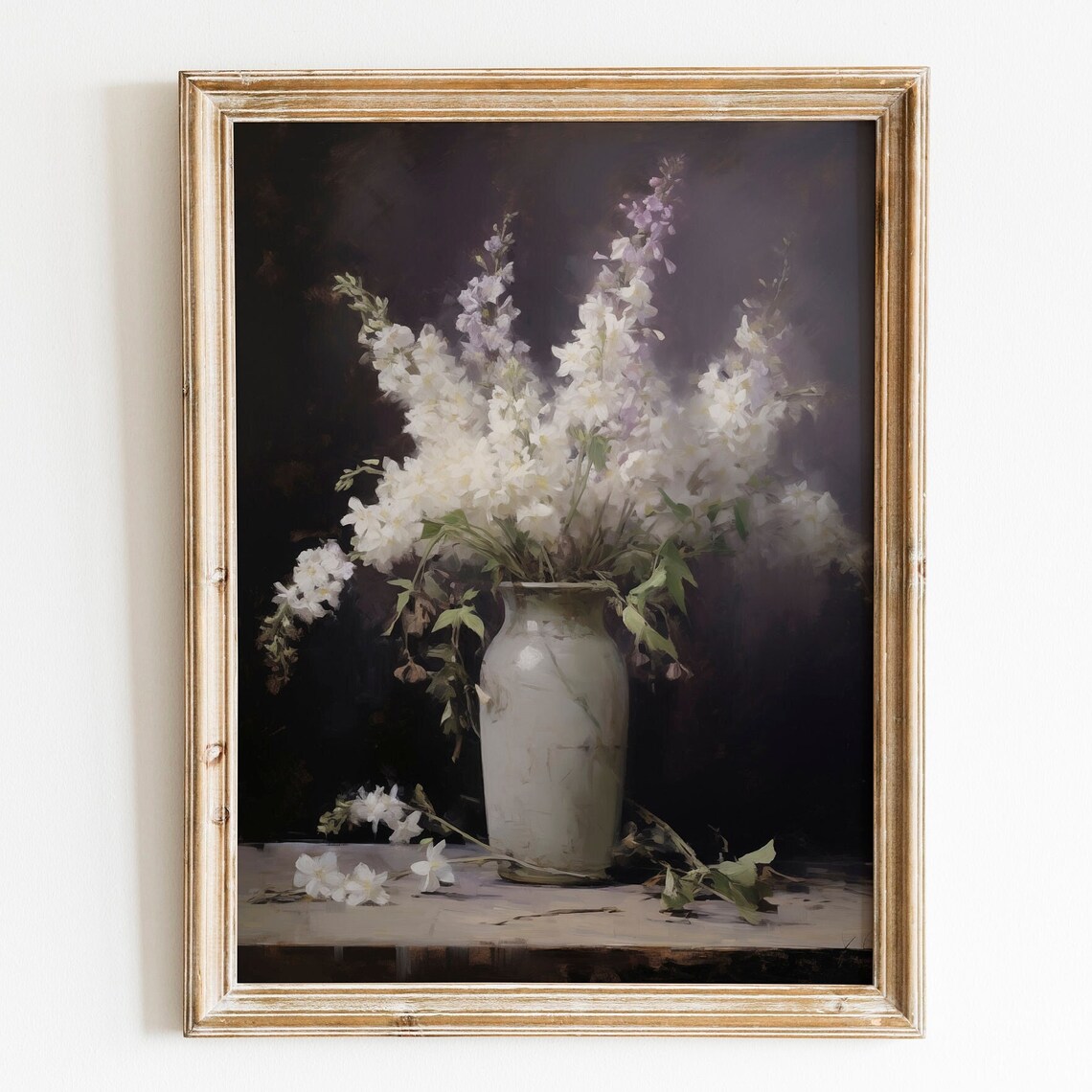 White Delphinium Flowers in Ceramic Vase Dark Moody Floral Still Life Poster