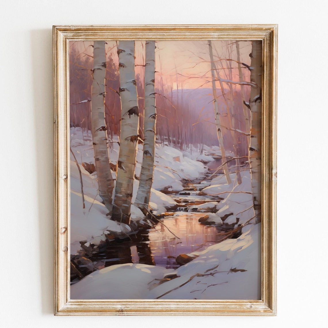 Winter Birch Grove At Sunset Snowy Stream Reflection Wall Art