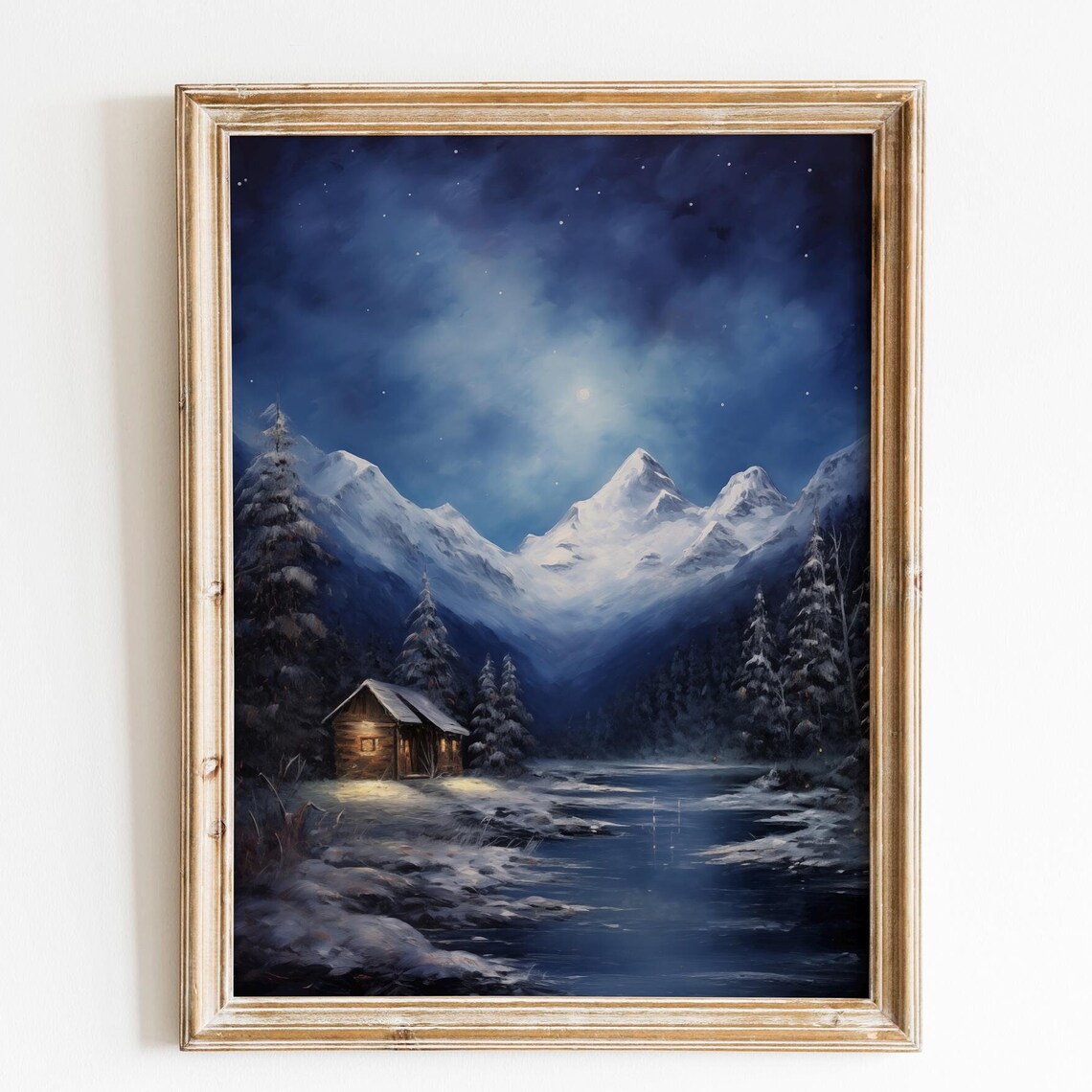 Vintage Christmas Winter Night Holiday Landscape Painting Forest Wall Art Christmas Decor Wall Art Moody Wall Art Mountain Wall Art Seasonal