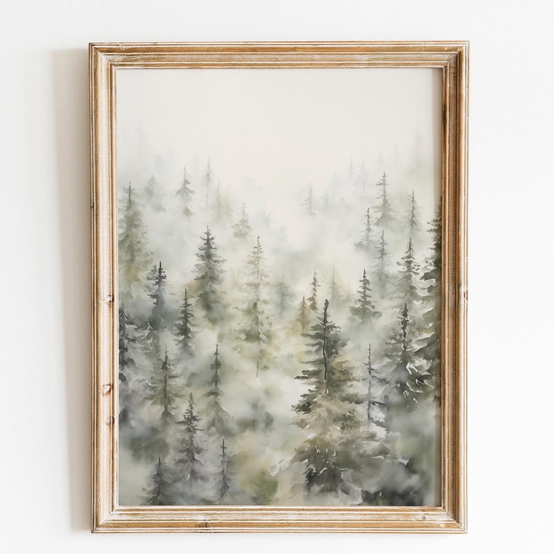 Foggy Pine Forest Hillside Soft Watercolor Winter Nature Poster