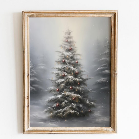 Vintage Moody Red Yellow Christmas Wall Art Christmas Tree Decor Christmas Vintage Christmas Decoration Forest Art Cottagecore