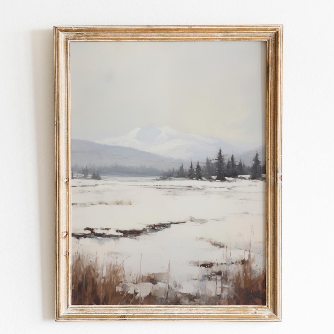 Frozen Winter Lake Distant Snowy Mountain Minimalist Wall Art