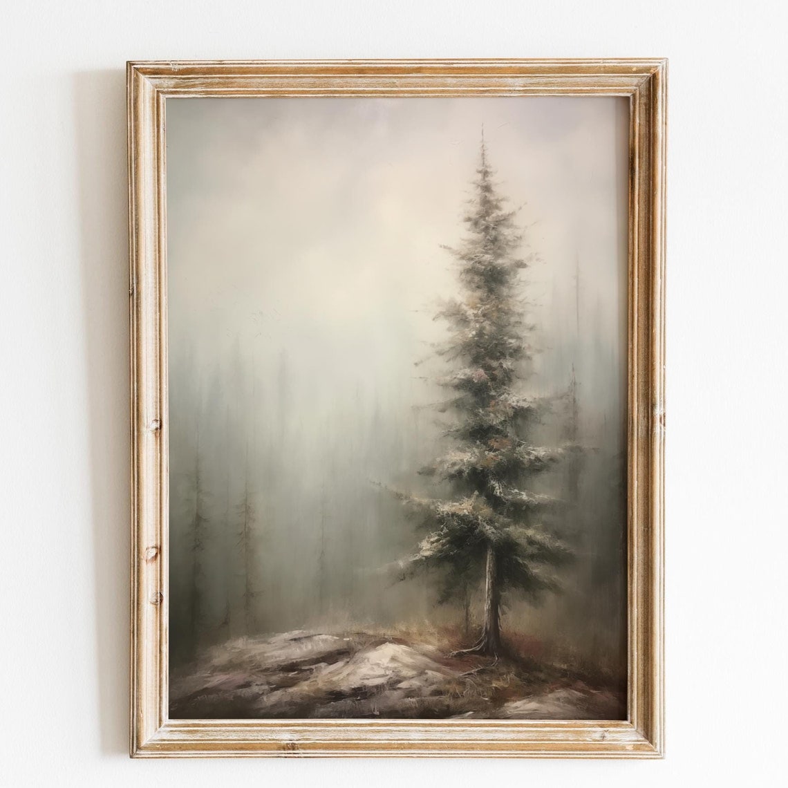 Lone Pine Tree Misty Fog Winter Christmas Tree Vintage Poster
