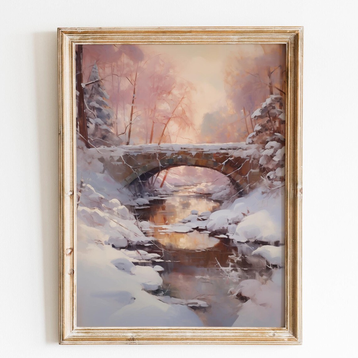 Snowy Stone Bridge Over Winter Stream Pink Dawn Landscape Wall Art