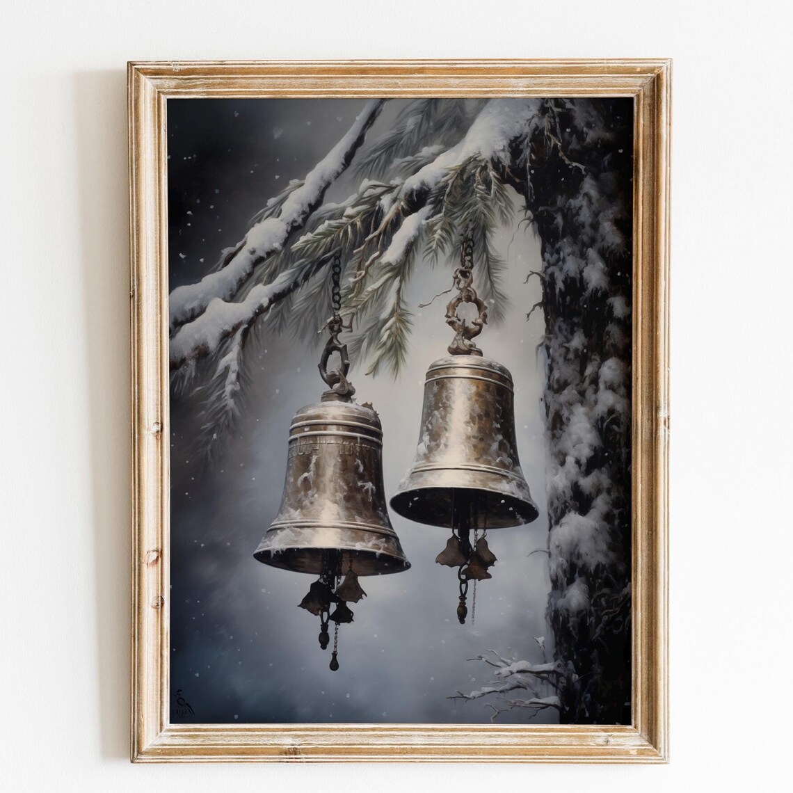 Silver Winter Bells Snowy Pine Branch Vintage Christmas Poster