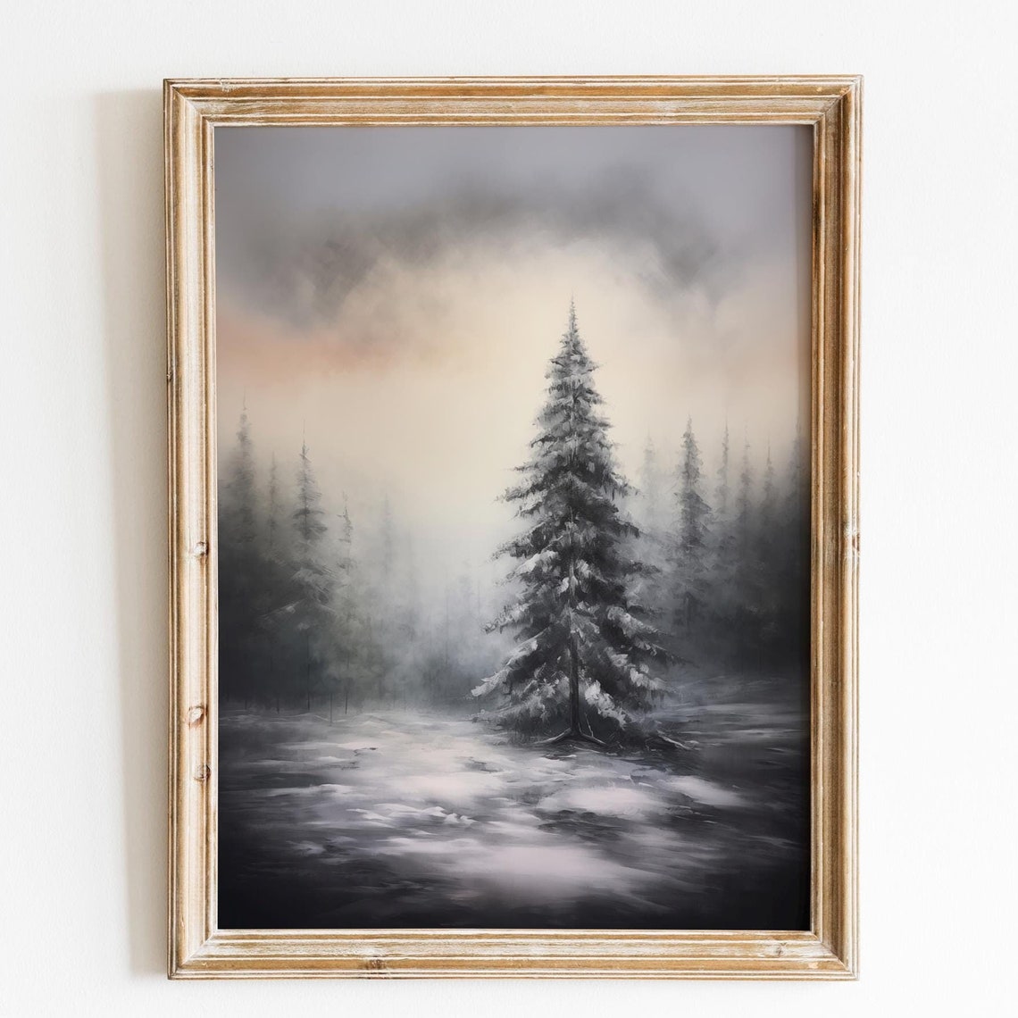 Snowy Pine Forest Single Tall Evergreen Misty Winter Wall Art