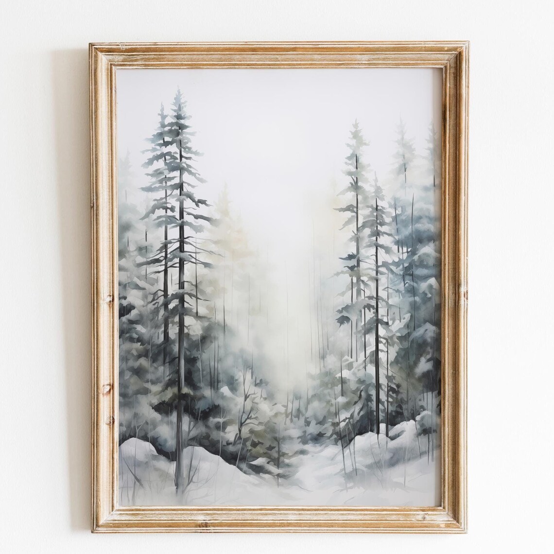 Snowy Forest Watercolor Tall Pines Misty Winter Landscape Poster