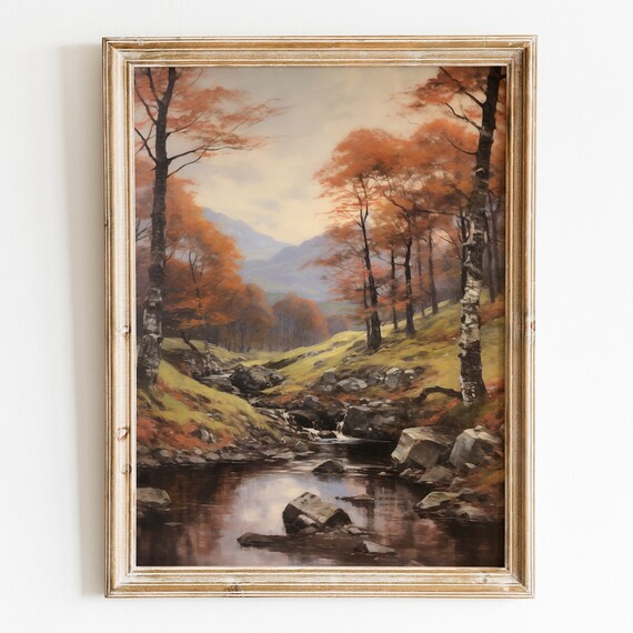Birch Trees Rocky Stream Autumn Mountain Vintage Landscape Poster