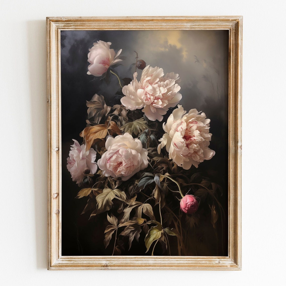 Pink Peonies Dark Background Moody Floral Oil Painting Wall Art