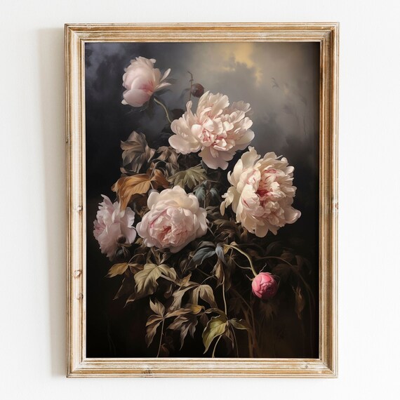 Pink Peonies Dark Background Moody Floral Oil Painting Wall Art