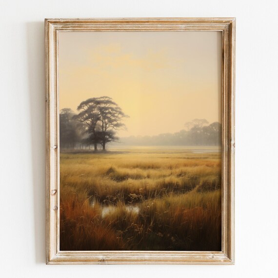 Misty Dawn Meadow Golden Trees Serene Landscape Painting Wall Art
