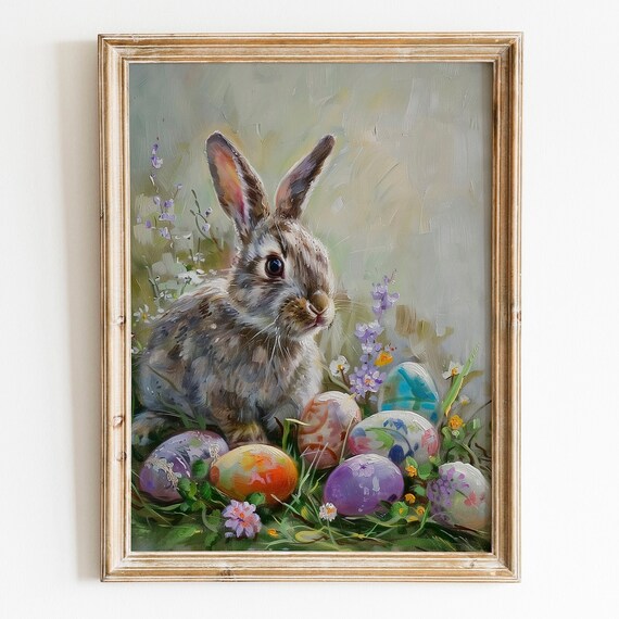 Vintage Easter Bunny Colorful Painted Eggs Spring Garden Poster