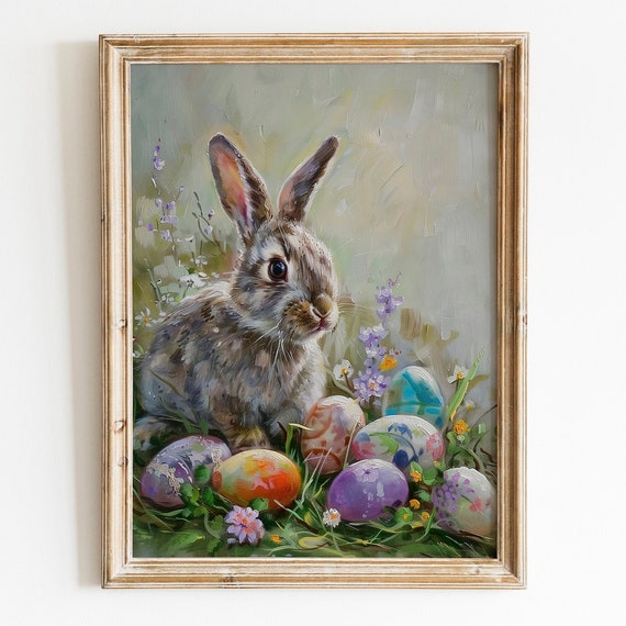 Vintage Easter Bunny Print Cute Easter Nursery Wall Art Spring Easter Egg Decor Colorful Easter Rabbit Flower Oil Painting