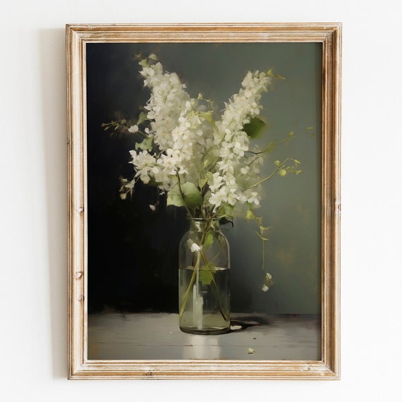 Vintage Moody Dark White Flower Print Green Dark Academia Botanical Wall Art Floral Still Life Oil Painting Art